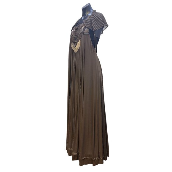 BCBG Maxazria Runway Vintage-Inspired Brown Pleated Maxi Dress w/Intricate Cutou - Picture 5 of 6